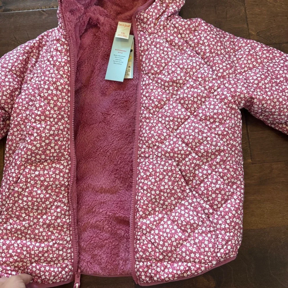 Cat & Jack Girls Reversible Floral Puffer Jacket Pink Faux Fur Hooded Coat M 8